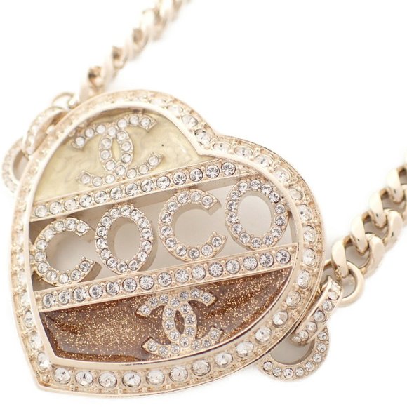 CHANEL C23B ABB648 COCO CC Coco Mark Rhinestone Heart Necklace Champagne Gold... - Picture 1 of 9